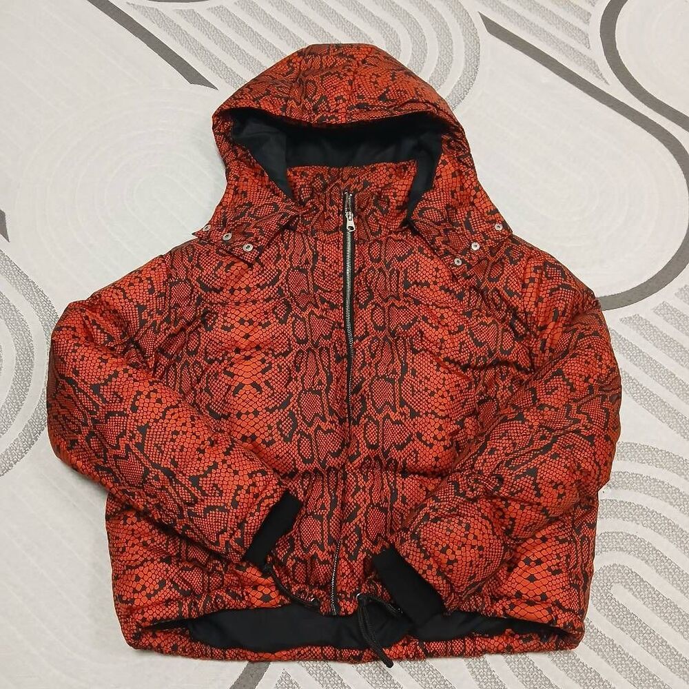 Zara womens large red black snake print puffer jacket hoodie full zip coat